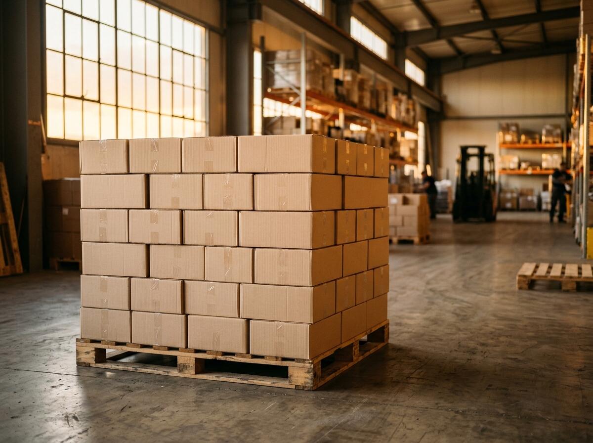 Pallet of case-packed cartons staged on a warehouse floor, ready for outbound shipping.