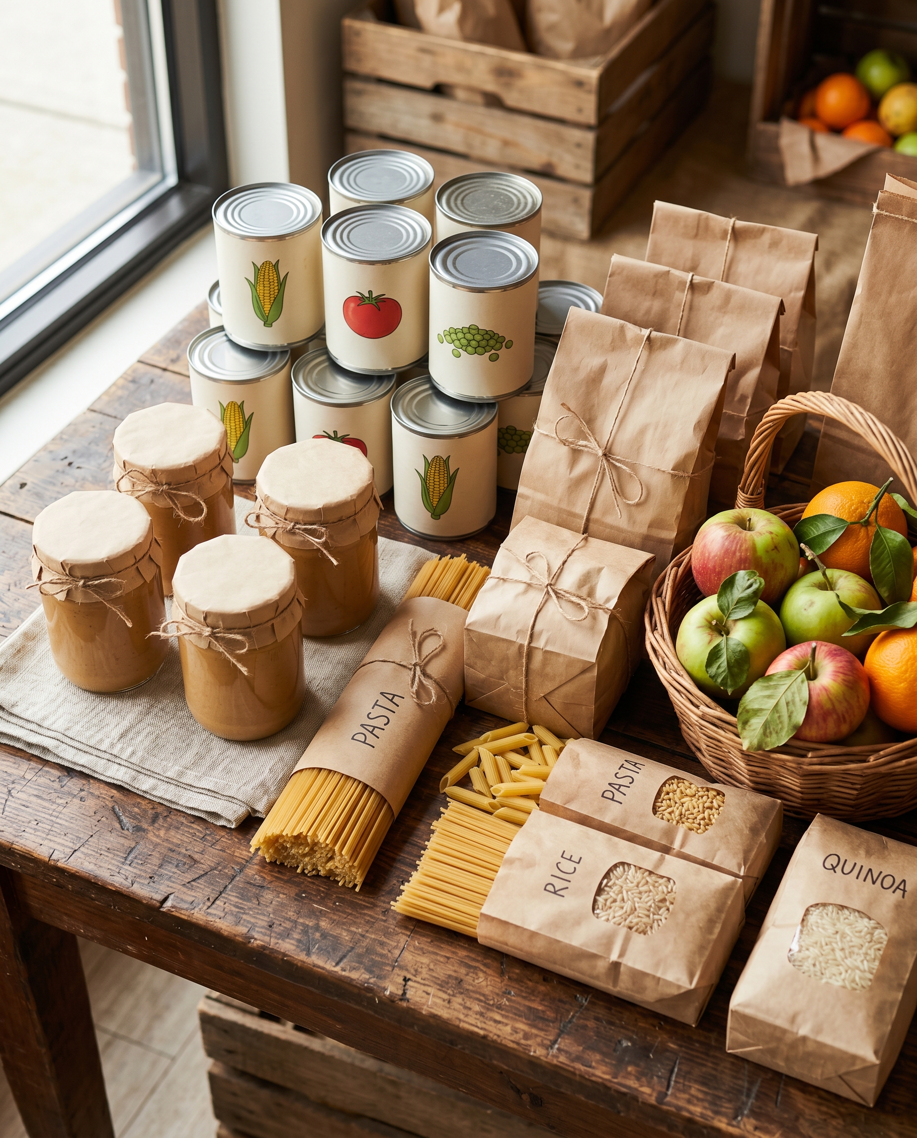 Overhead view of pantry staples on a wooden market table — cans of beans, jars of peanut butter, kraft bags of pasta and rice, apples and oranges, in warm cream, harvest-green, and tomato-red tones.